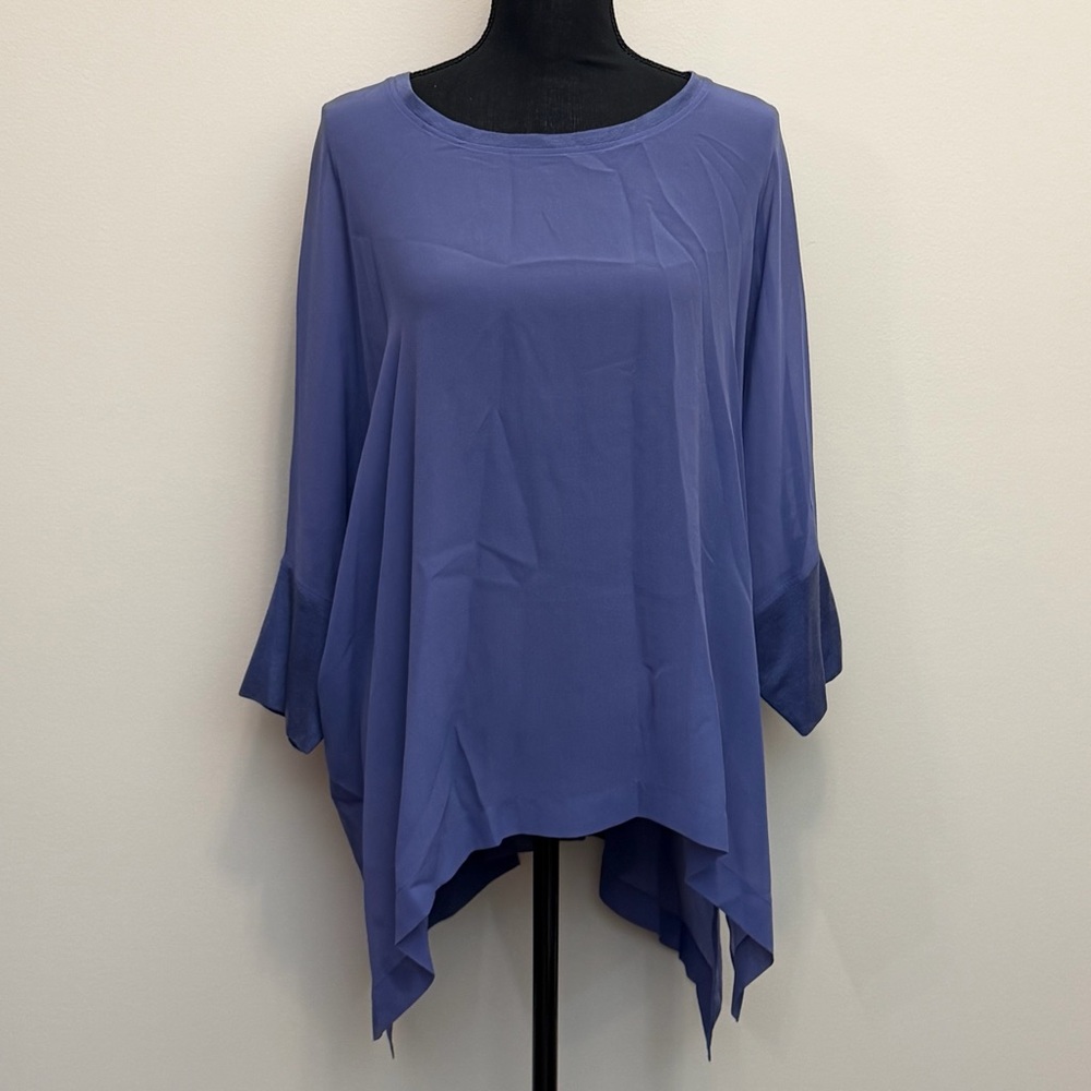 Eileen Fisher 100% Silk Blouse Womens 1X Blue Flowy Sheer Asymmetrical Boxy Chic